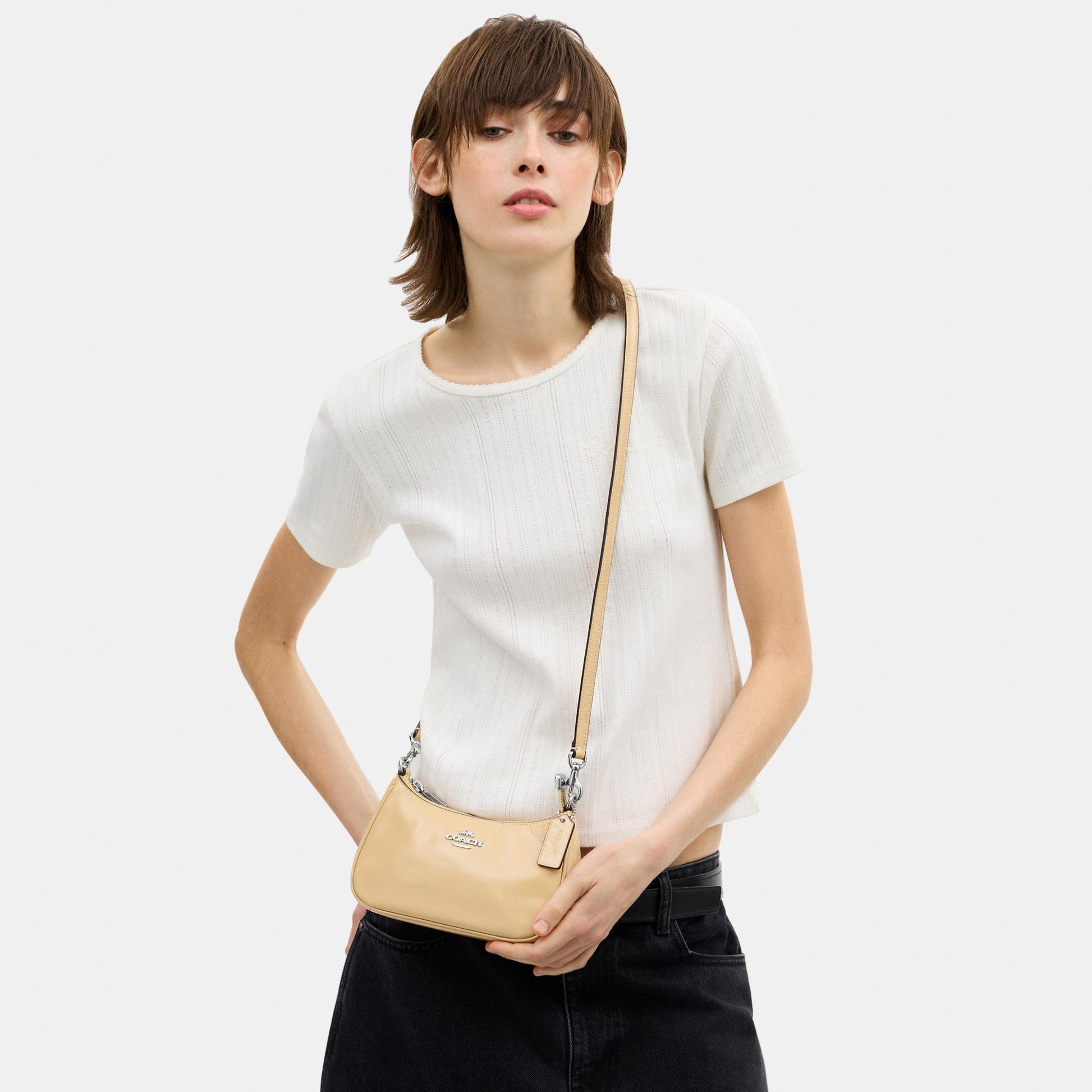 CDW68-Teri Mini Crossbody in Glazed Leather with Bow Strap-Sv/Light Sand