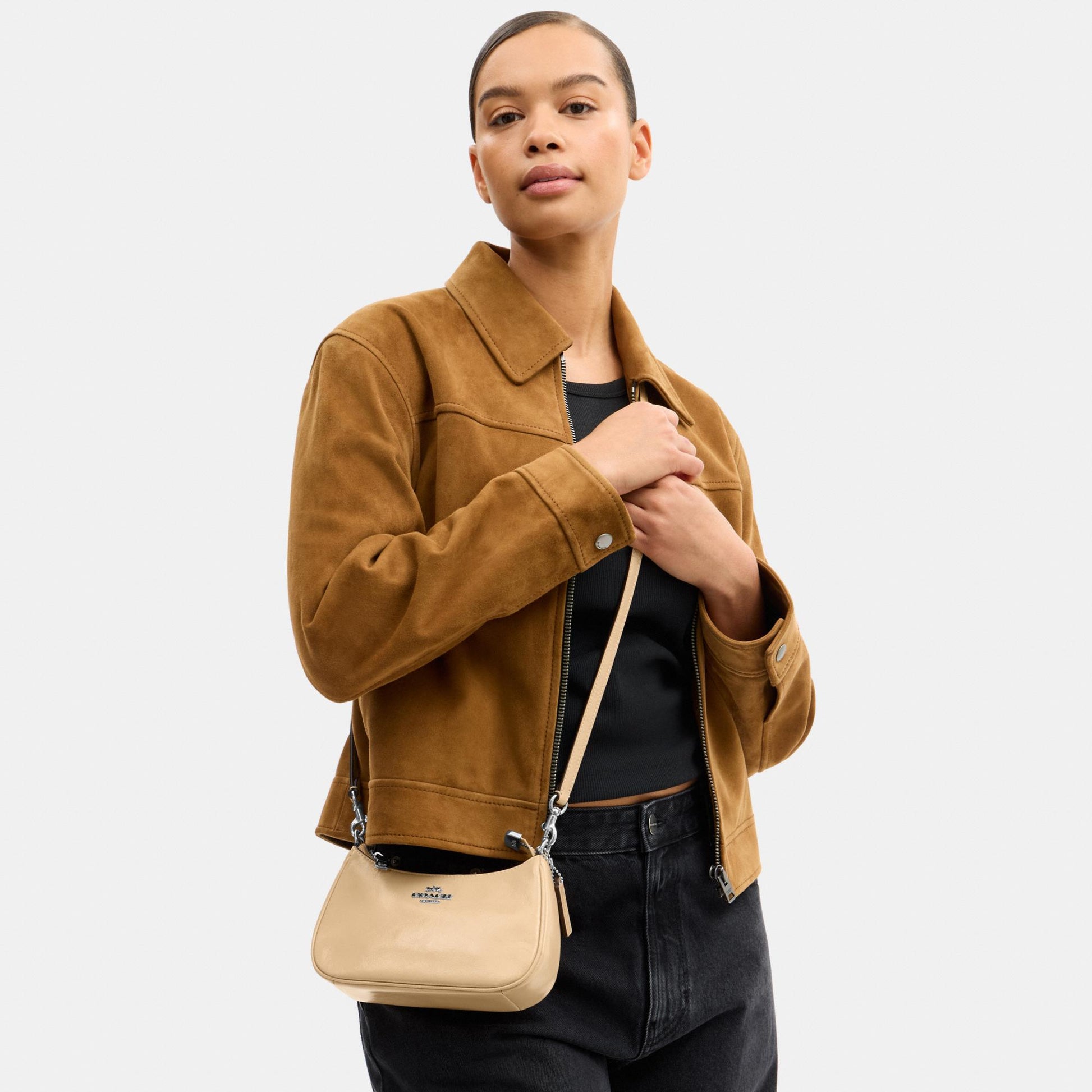 CDW68-Teri Mini Crossbody in Glazed Leather with Bow Strap-Sv/Light Sand