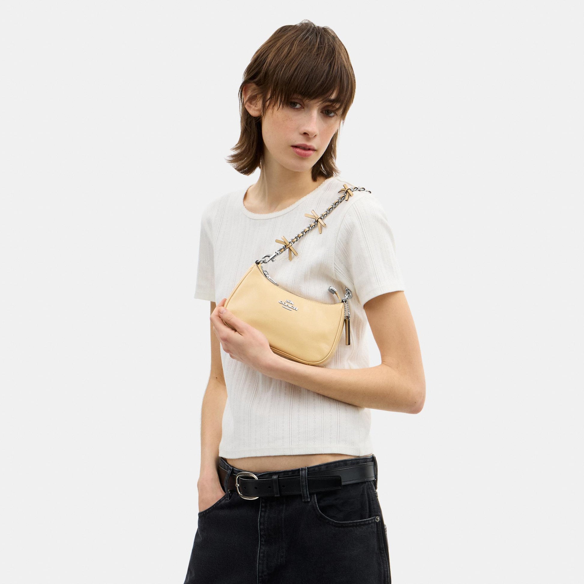 CDW68-Teri Mini Crossbody in Glazed Leather with Bow Strap-Sv/Light Sand