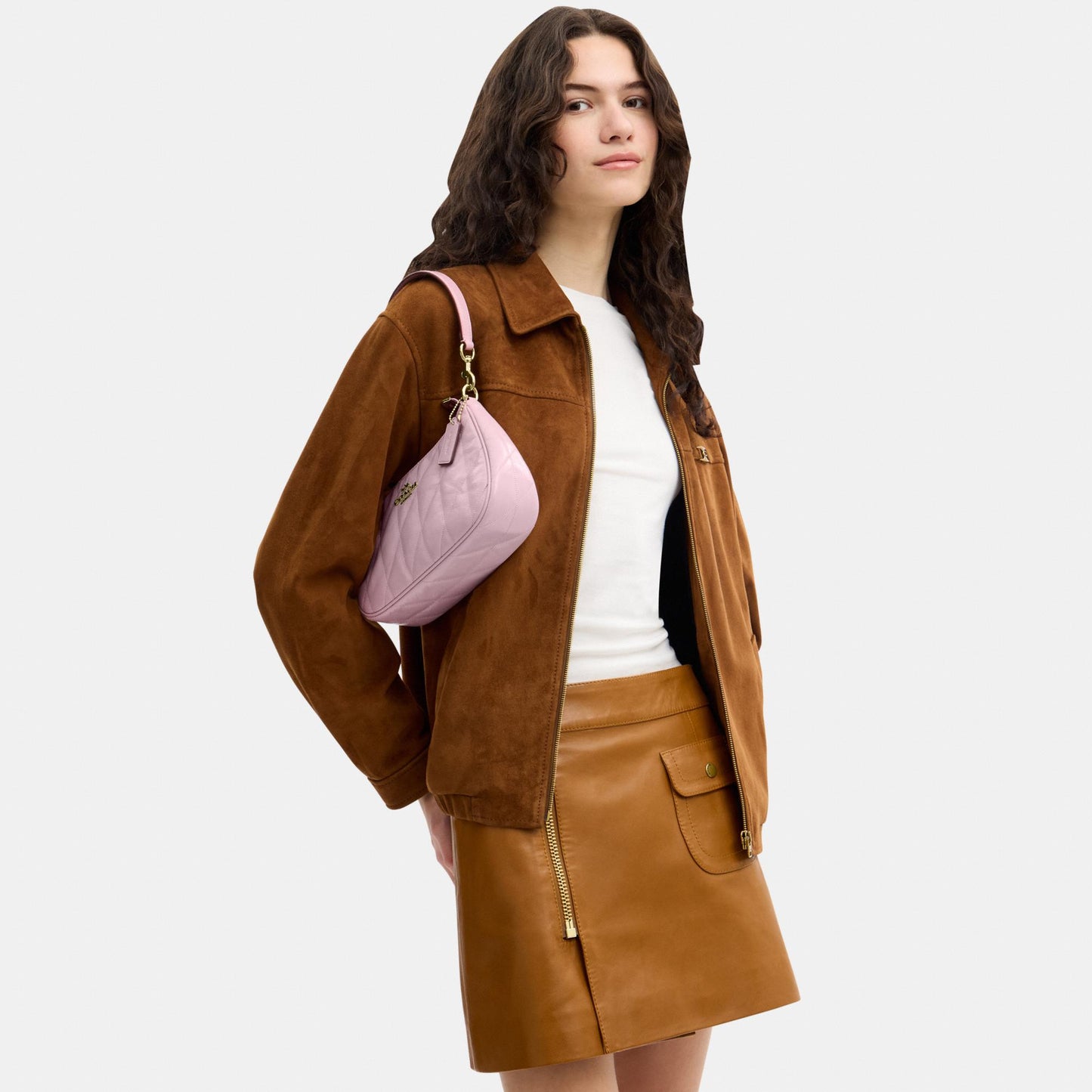 CDY83-Teri Shoulder Bag in Glazed Leather with Quilting-Im/Carnation