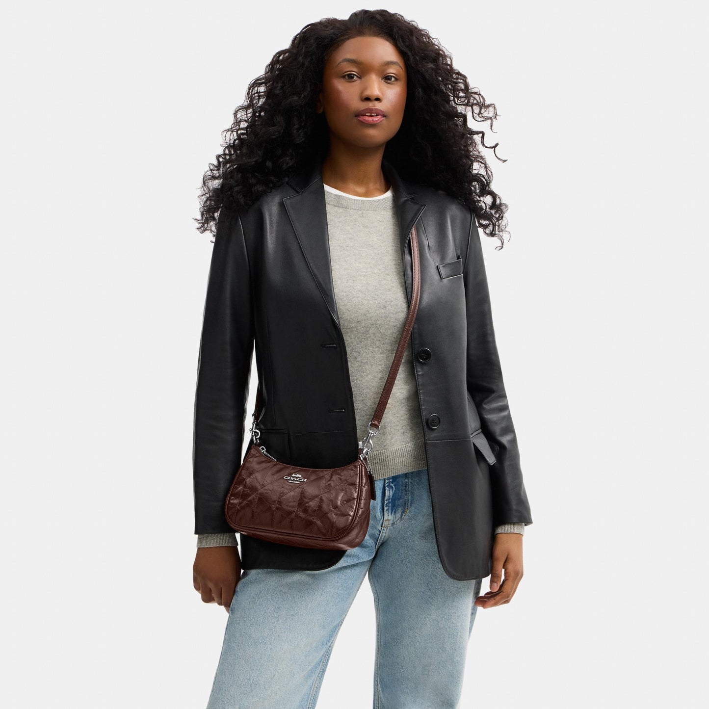 CDY83-Teri Shoulder Bag in Glazed Leather with Quilting-Sv/Maple