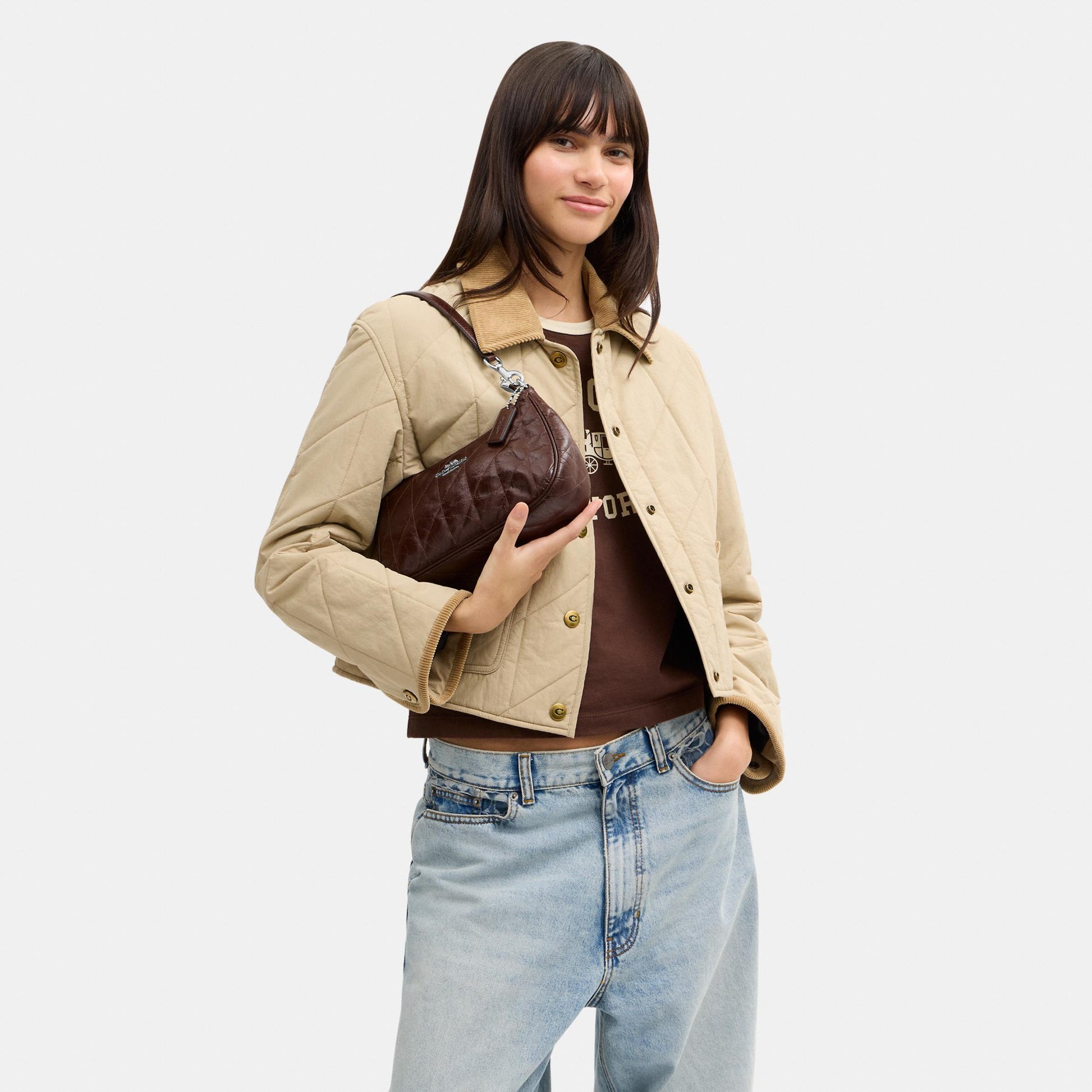 CDY83-Teri Shoulder Bag in Glazed Leather with Quilting-Sv/Maple