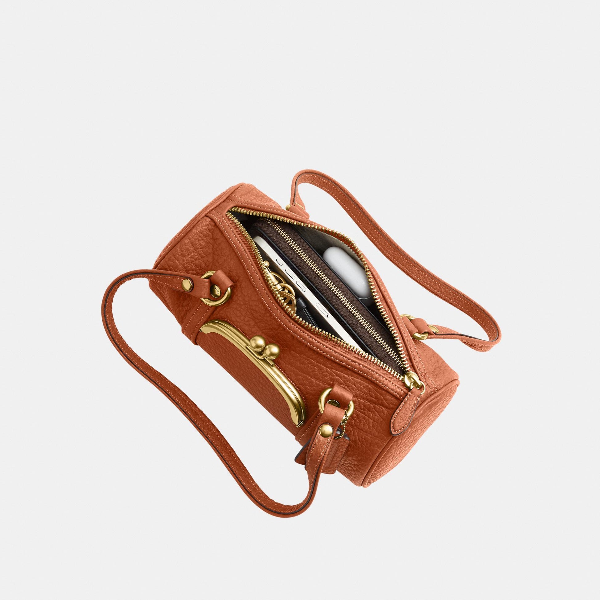 CEM05-The Coach Originals Textured Pebble Leather Kisslock Barrel Bag 28-B4/Amber Brown