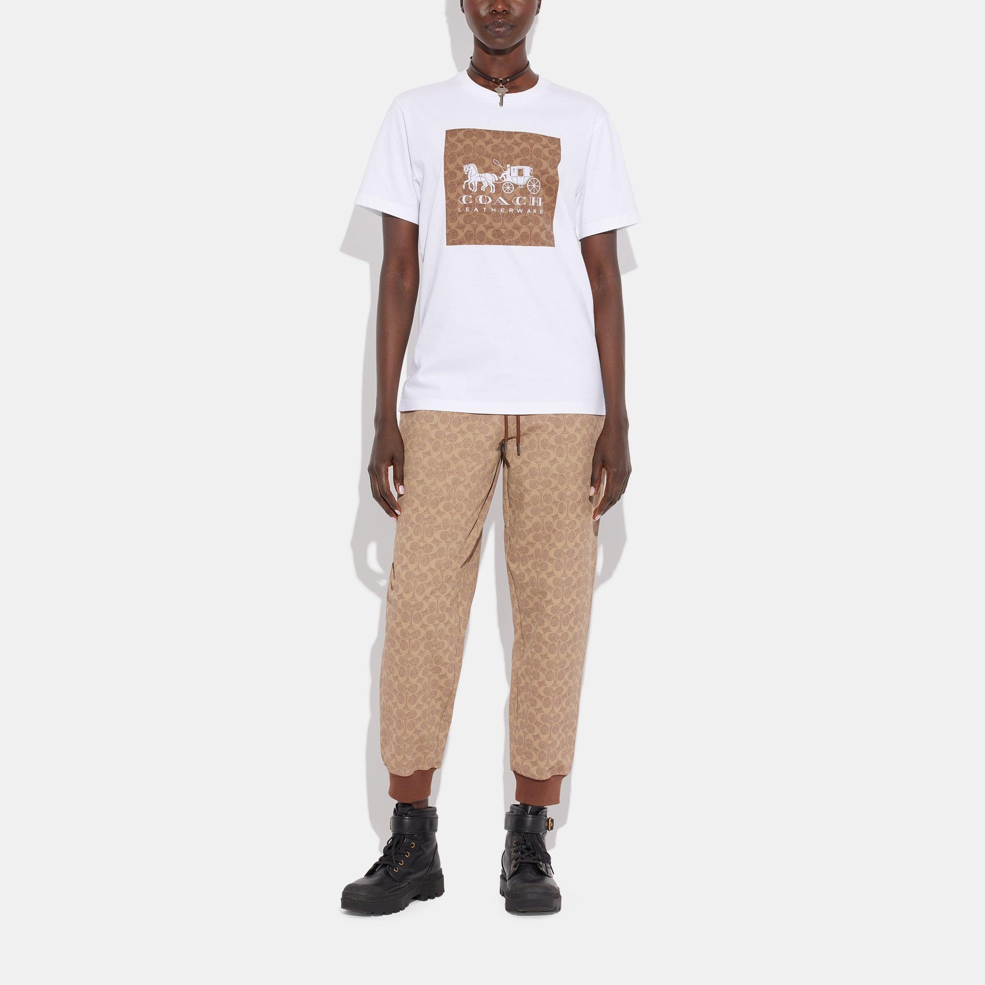 CG773-Signature Horse And Carriage T Shirt In Organic Cotton-White/Tan