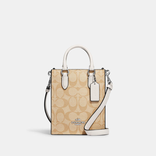 CJ494-North South Mini Tote In Signature Canvas-Sv/Light Khaki/Chalk