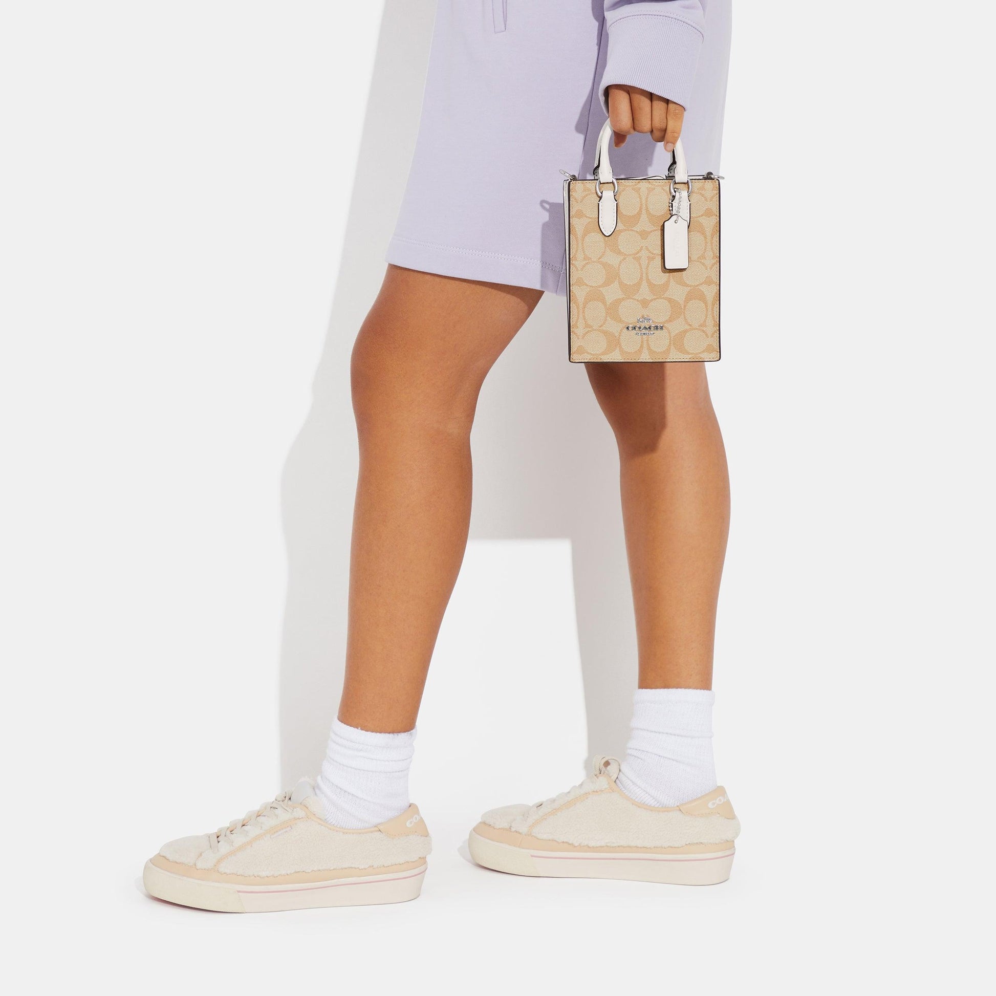 CJ494-North South Mini Tote In Signature Canvas-Sv/Light Khaki/Chalk