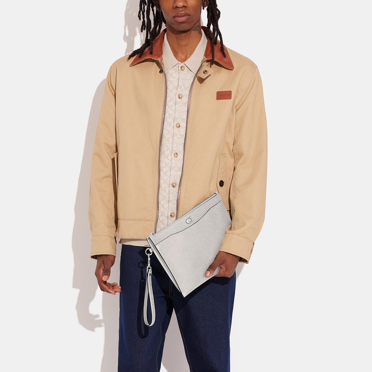 CJ798-Pouch Wristlet In Crossgrain Leather With Signature Canvas Interior-Chalk