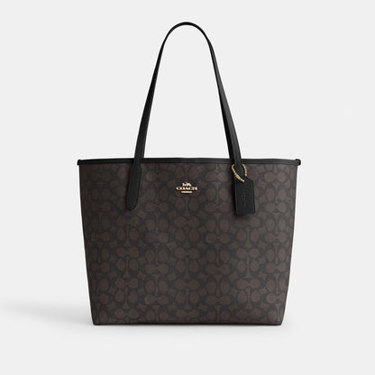 CV976-CITY TOTE BAG IN SIGNATURE CANVAS-IM/Walnut/Black