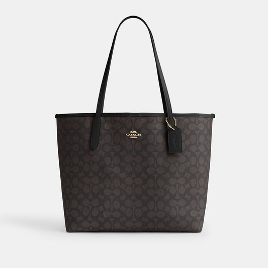 CV976-CITY TOTE BAG IN SIGNATURE CANVAS-IM/Walnut/Black