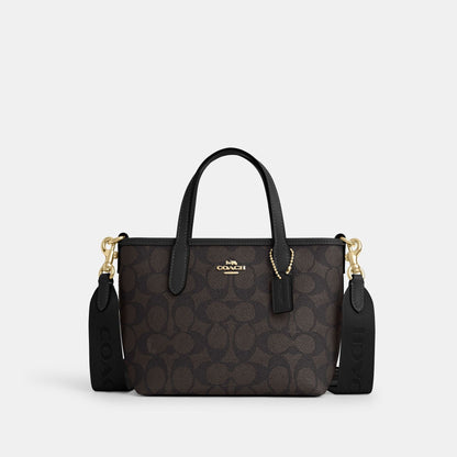 CW032-City Mini Tote Bag In Signature Canvas-IM/Walnut/Black