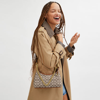 CY830-Juliet Shoulder Bag 25 In Signature Textile Jacquard-B4/Cocoa Burnished Amb