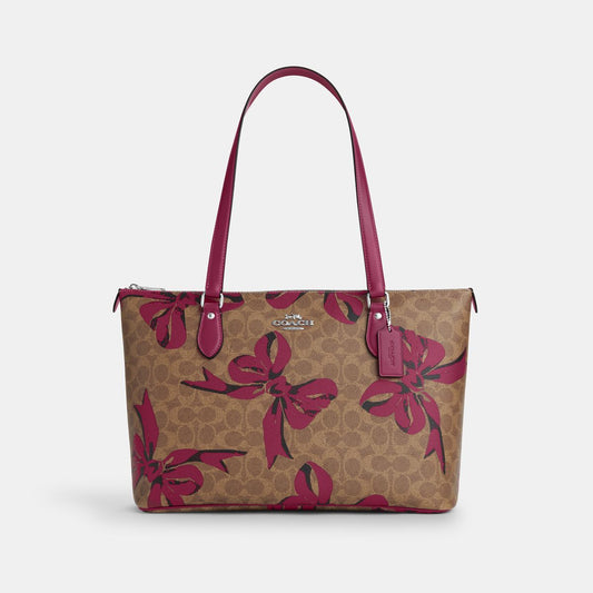 CZ174-Gallery Tote Bag In Signature Canvas With Bow Print-Sv/Tan/Pink Multi