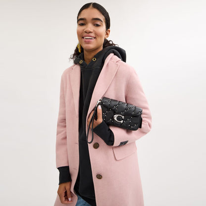 CZ522-Tabby Crossbody Wristlet With Pillow Quilting And Crystal Rivets-Lh/Black