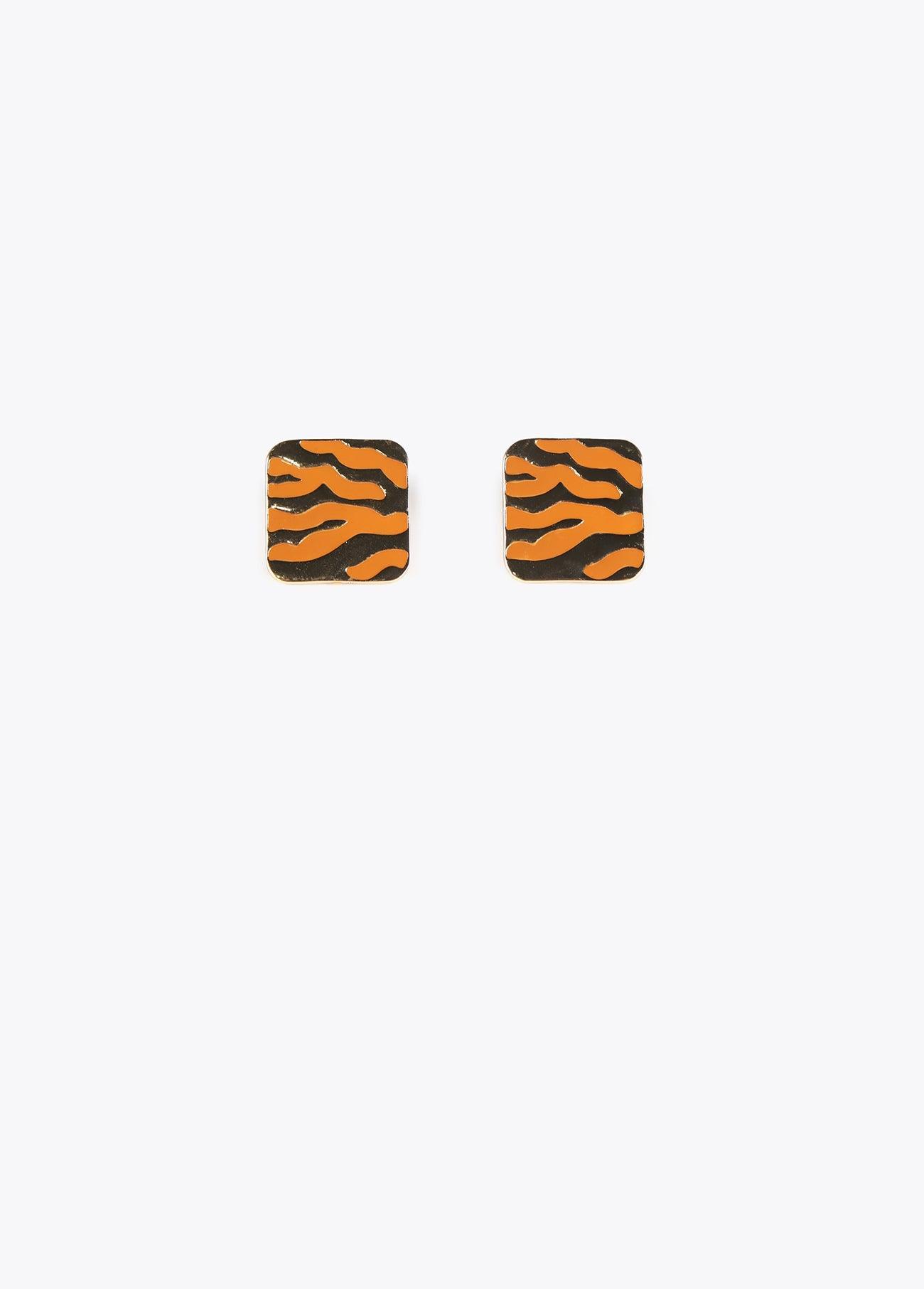 12410004-Animal print square earrings-Brown