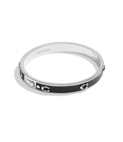 Signature Leather Bangle Bracelet-448363RHO-Black/Rhodium