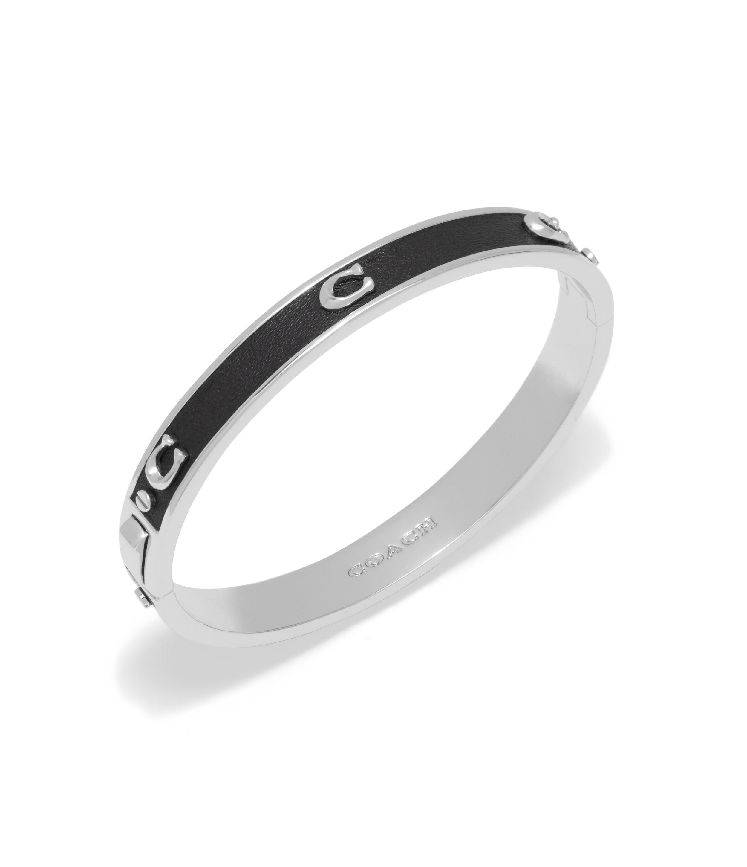 Signature Leather Bangle Bracelet-448363RHO-Black/Rhodium